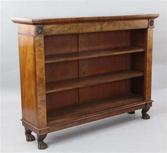 A Regency style flame mahogany open bookcase, W.4ft 5in. D.1ft 3in. H.3ft 5in.